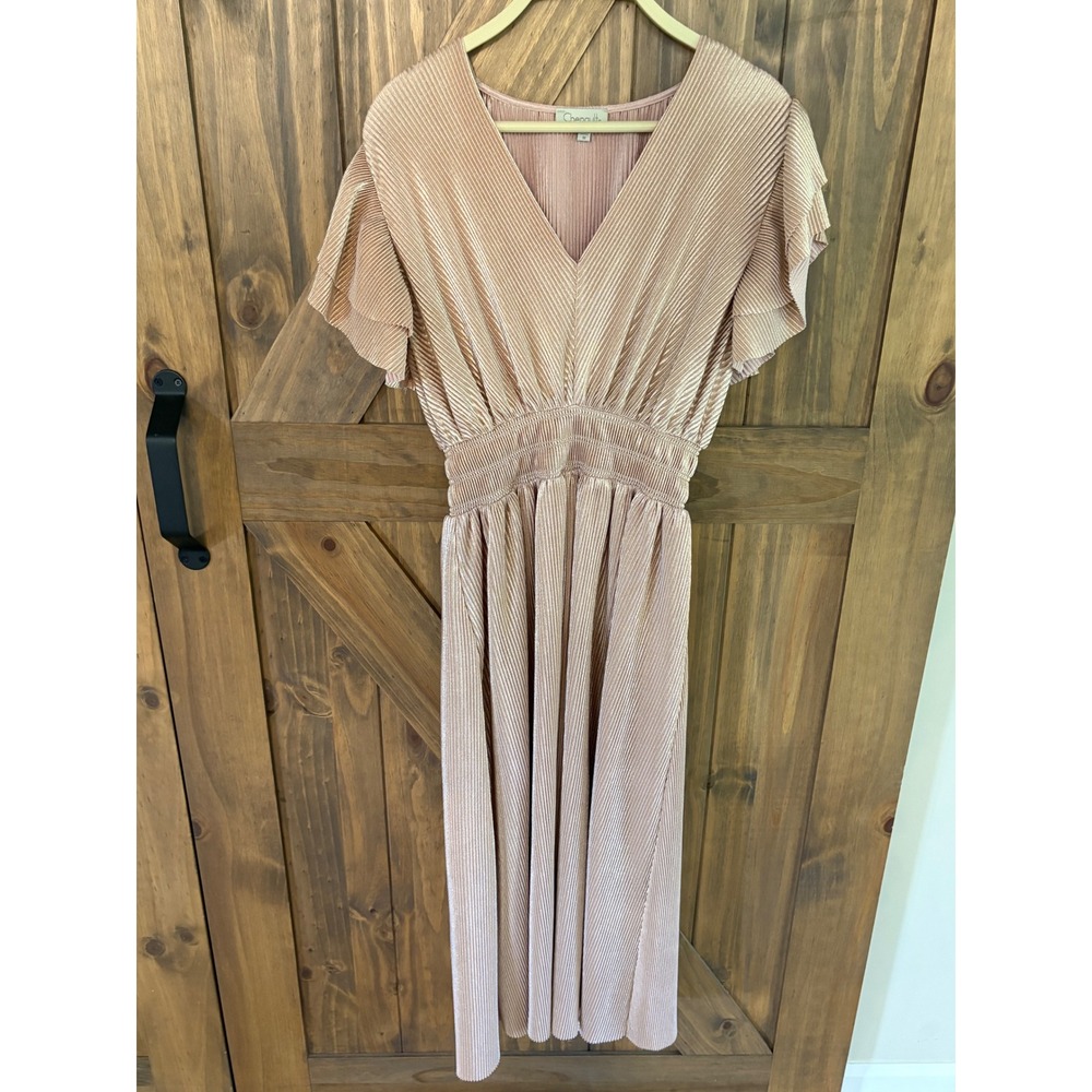 Chenault Rose Gold Metallic Pleated Midi Dress Flutter Sleeve Smocked Waist M
